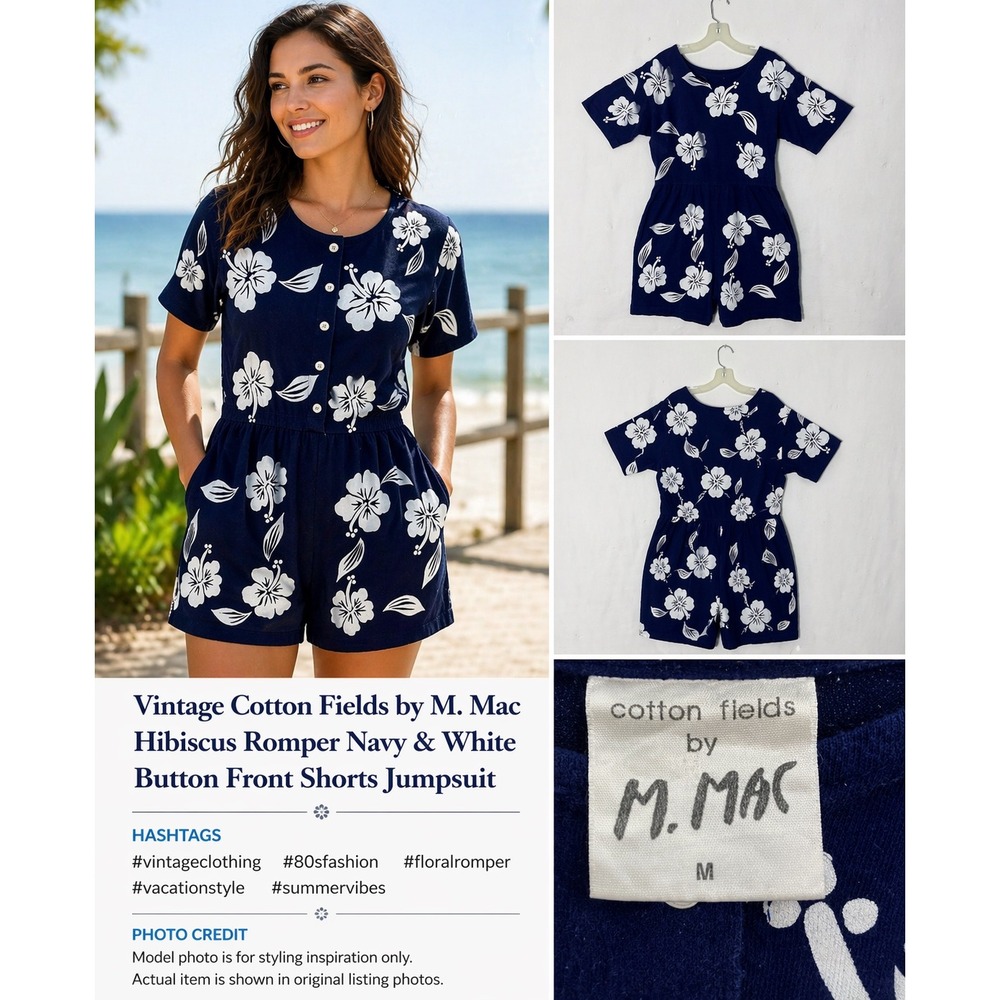 Cotton‎ Fields by M. Mac Vintage Hibiscus Floral Romper Navy Blue White Medium